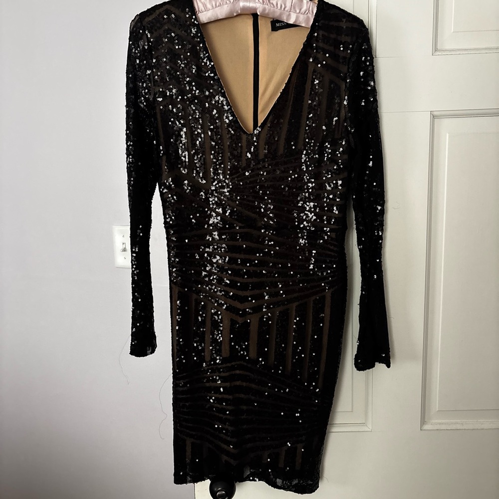 Black Sequin Long-Sleeve V-Neck Dress